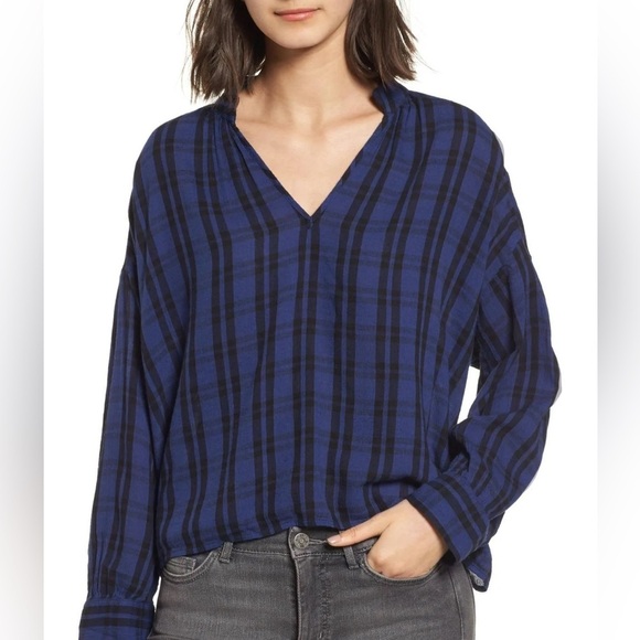 Madewell Women’s NWT Plaid Gauzy V Neck Shirred Neck Shirt, Size Large - Blue - Picture 2 of 6